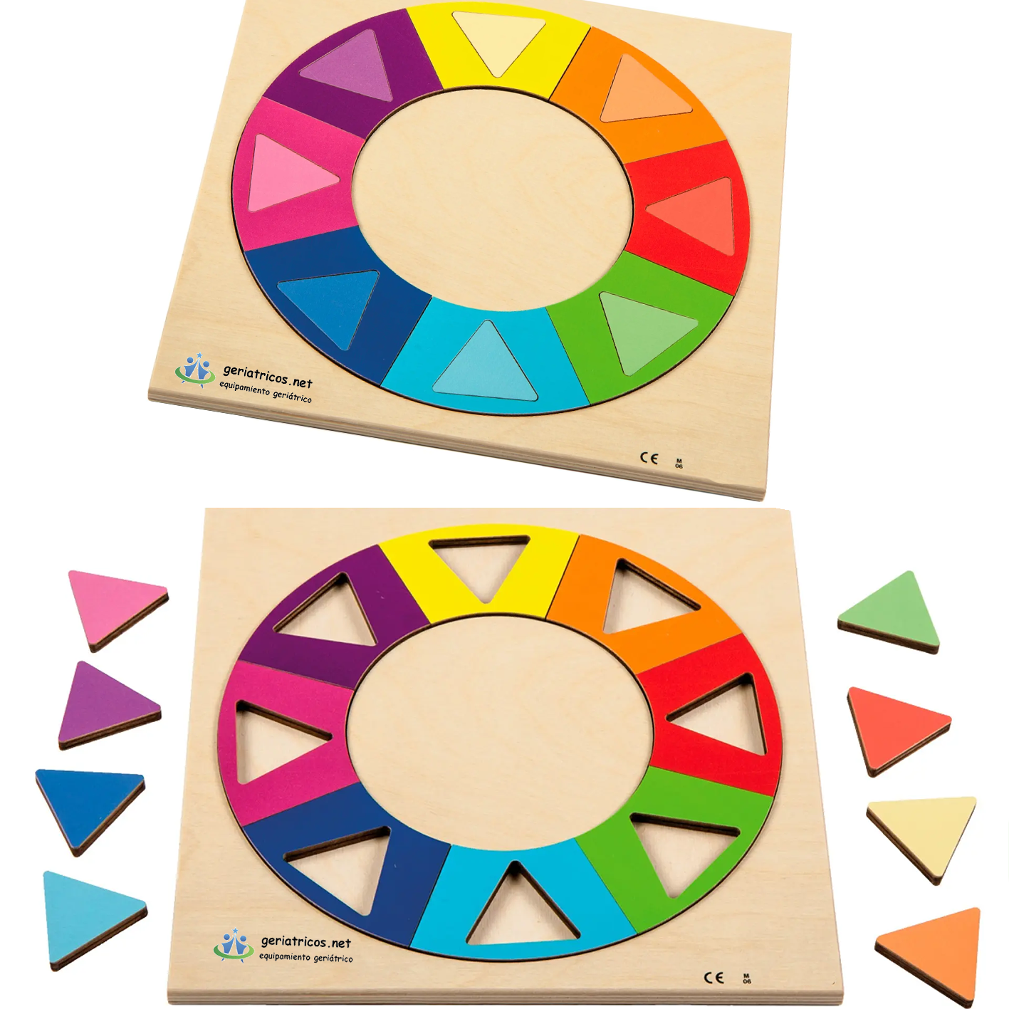rompecabezas triangulos de colores para geriatricos y centros de día para mayores